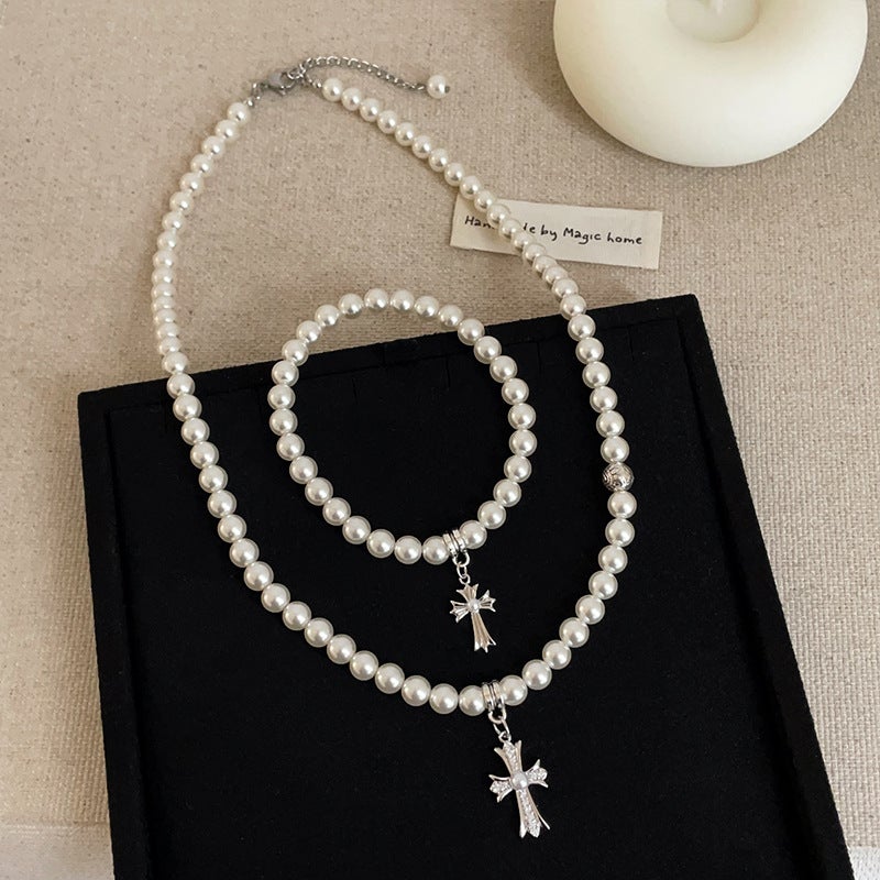 Vintage Cross Pendant Pearl Necklace Bracelet Women'S Light Luxury High-End Fashion Elegant All-Match Neck Chain Woolen Chain - Image 3